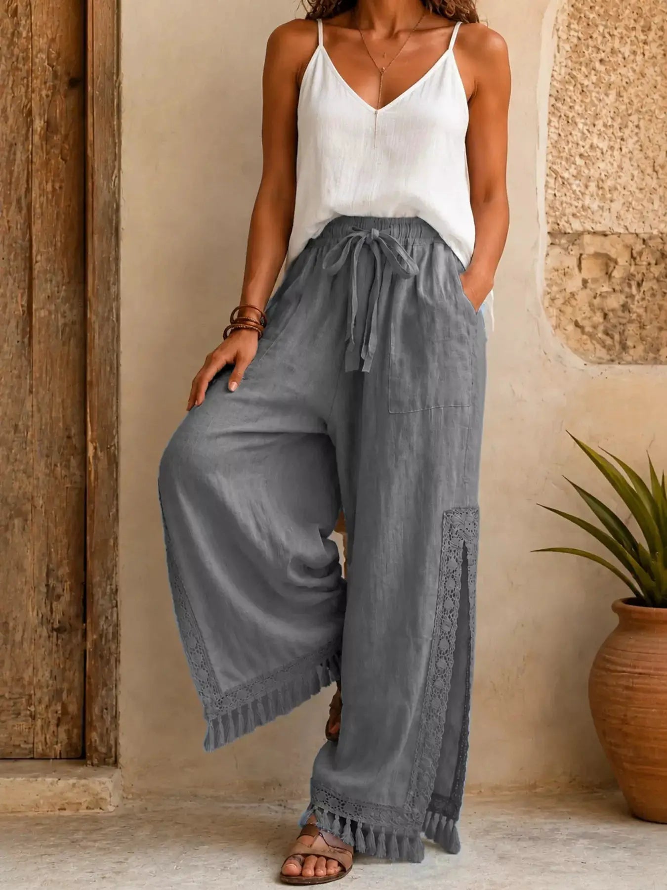 Lace Detail Slit Wide Leg Pants by Trendsi