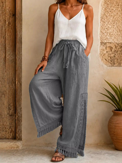 Lace Detail Slit Wide Leg Pants by Trendsi