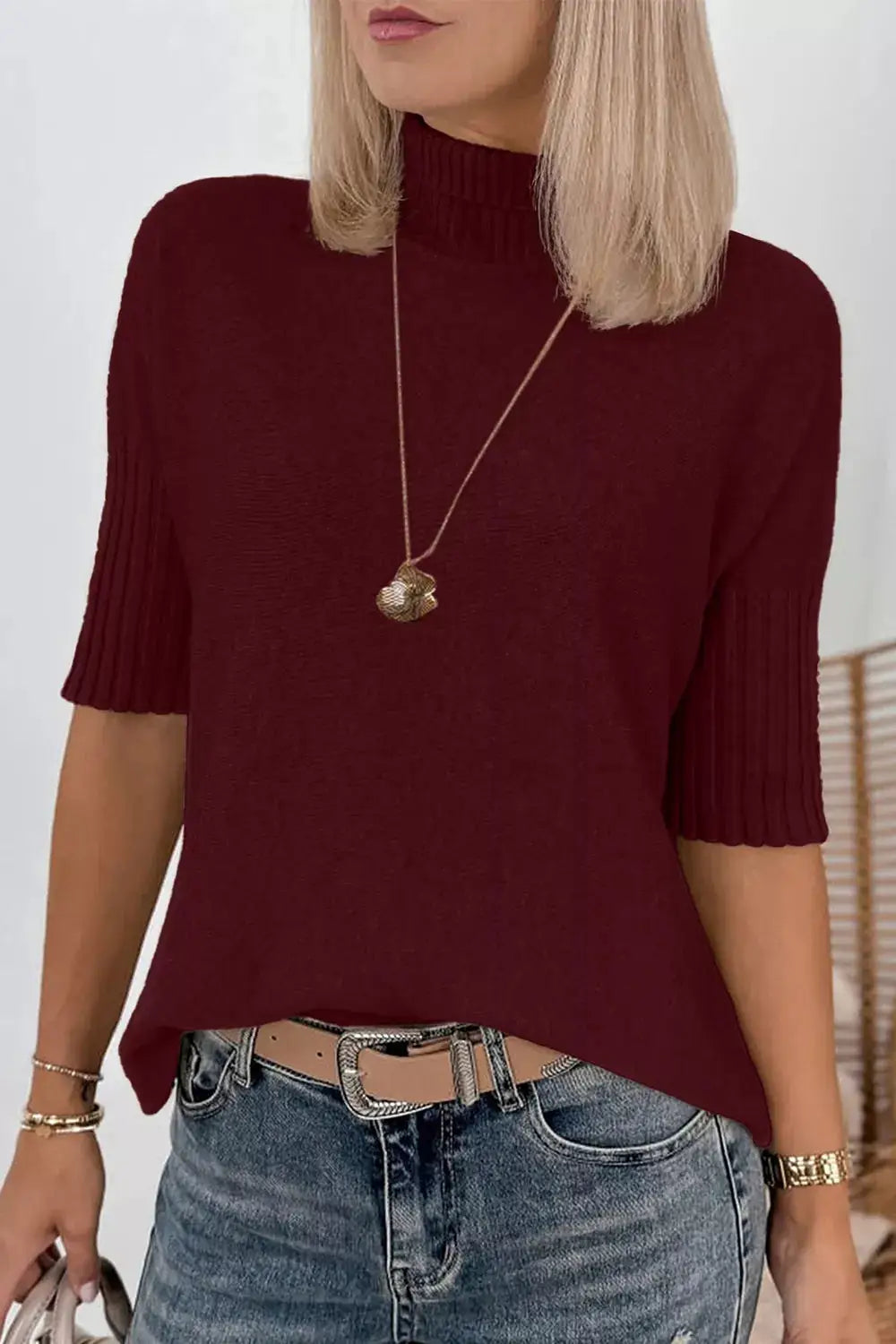 Mock Neck Half Sleeve Ribbed Sweater by Trendsi