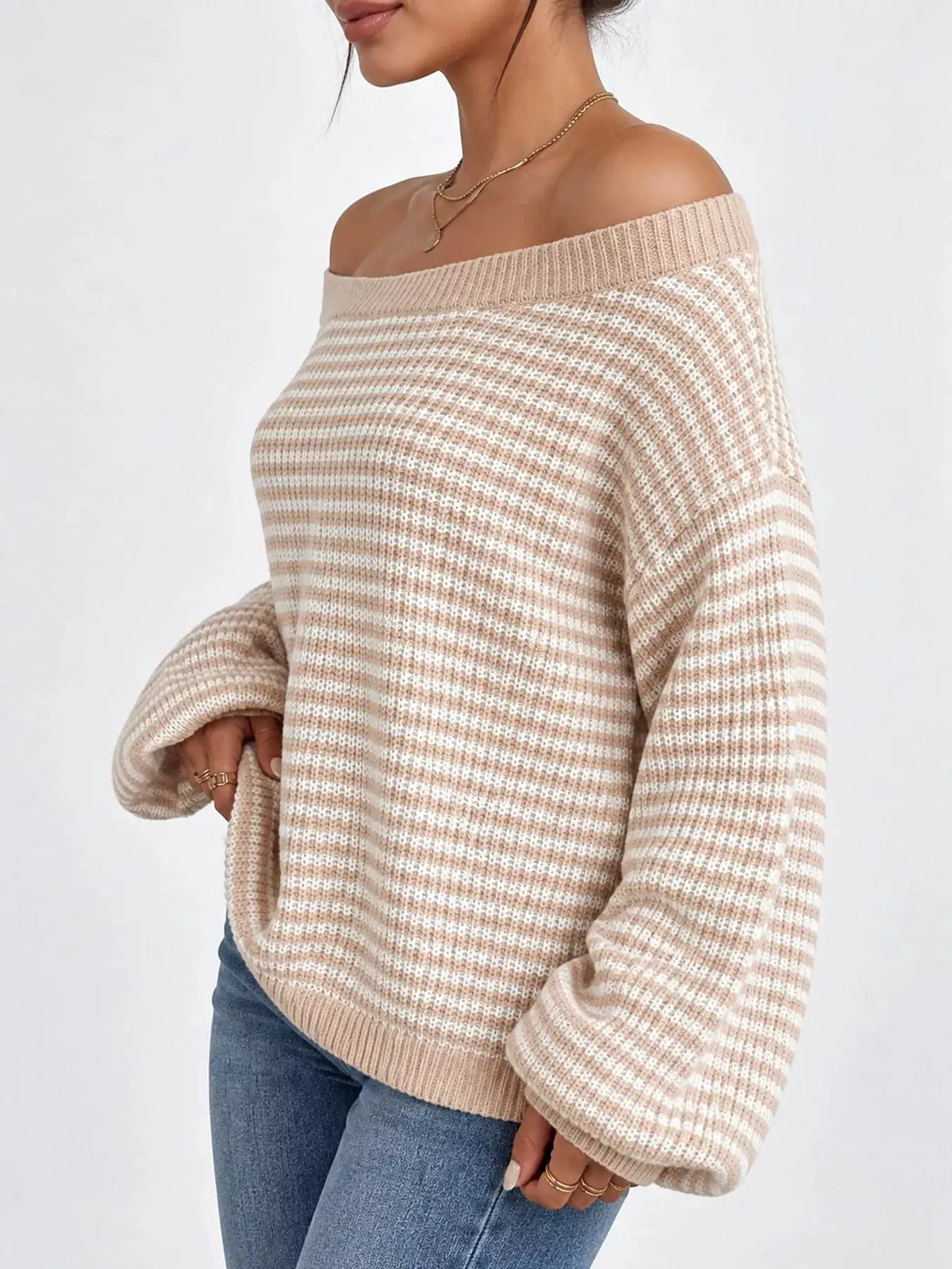 Striped Knit Boat Neck Sweater by Trendsi