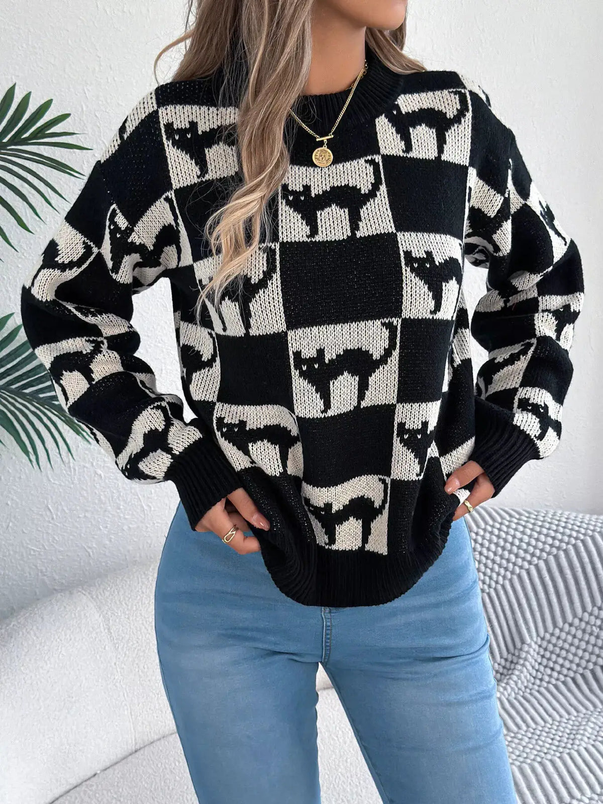 Checkerboard Halloween Graphic Sweater by Trendsi