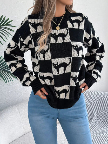 Checkerboard Halloween Graphic Sweater by Trendsi