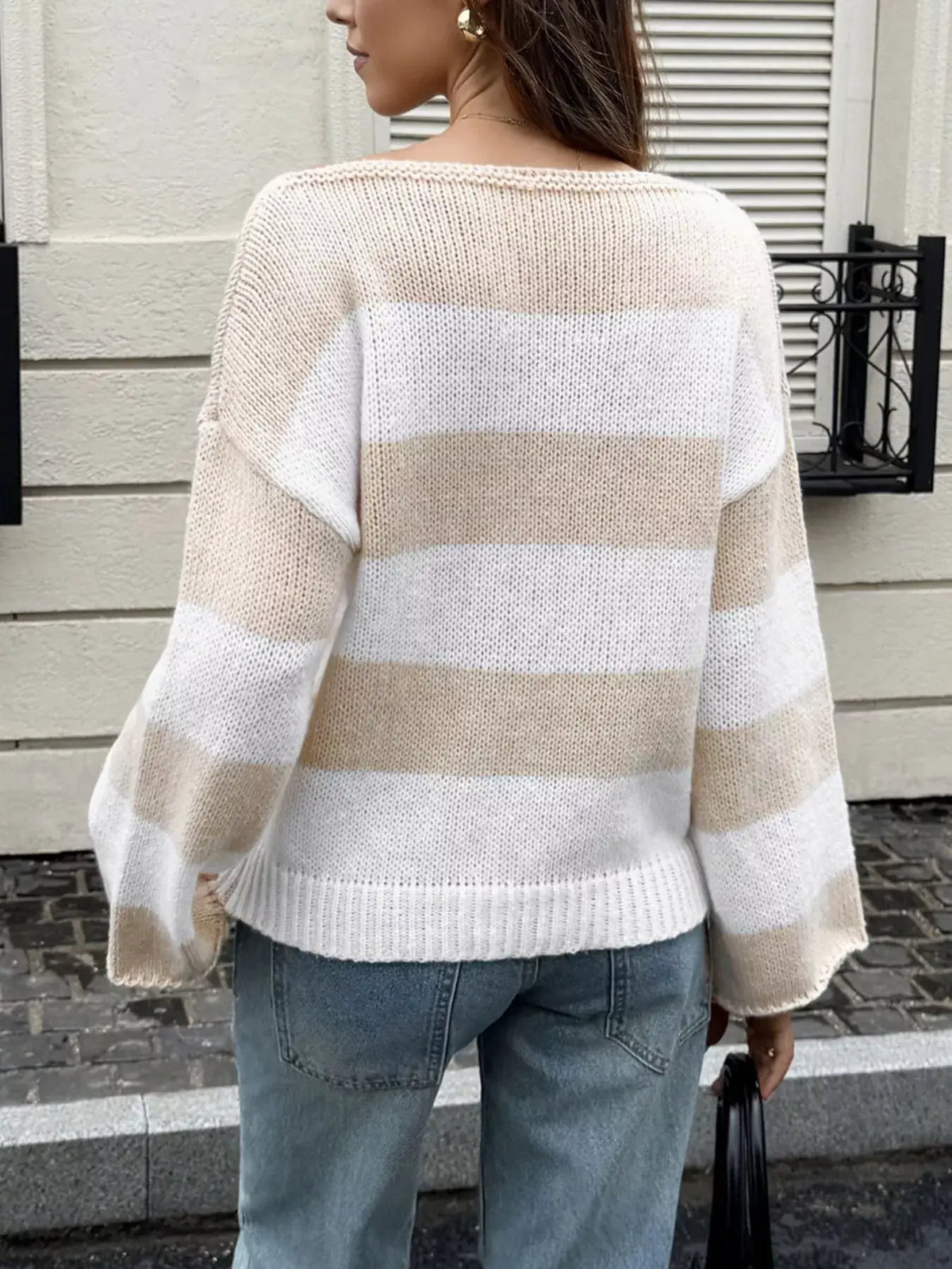 Striped Knit Boat Neck Sweater by Trendsi