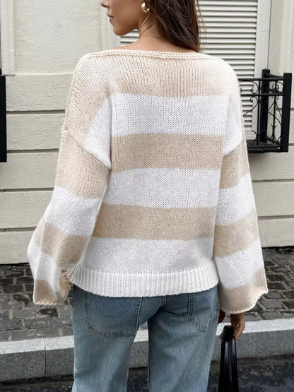 Striped Knit Boat Neck Sweater by Trendsi