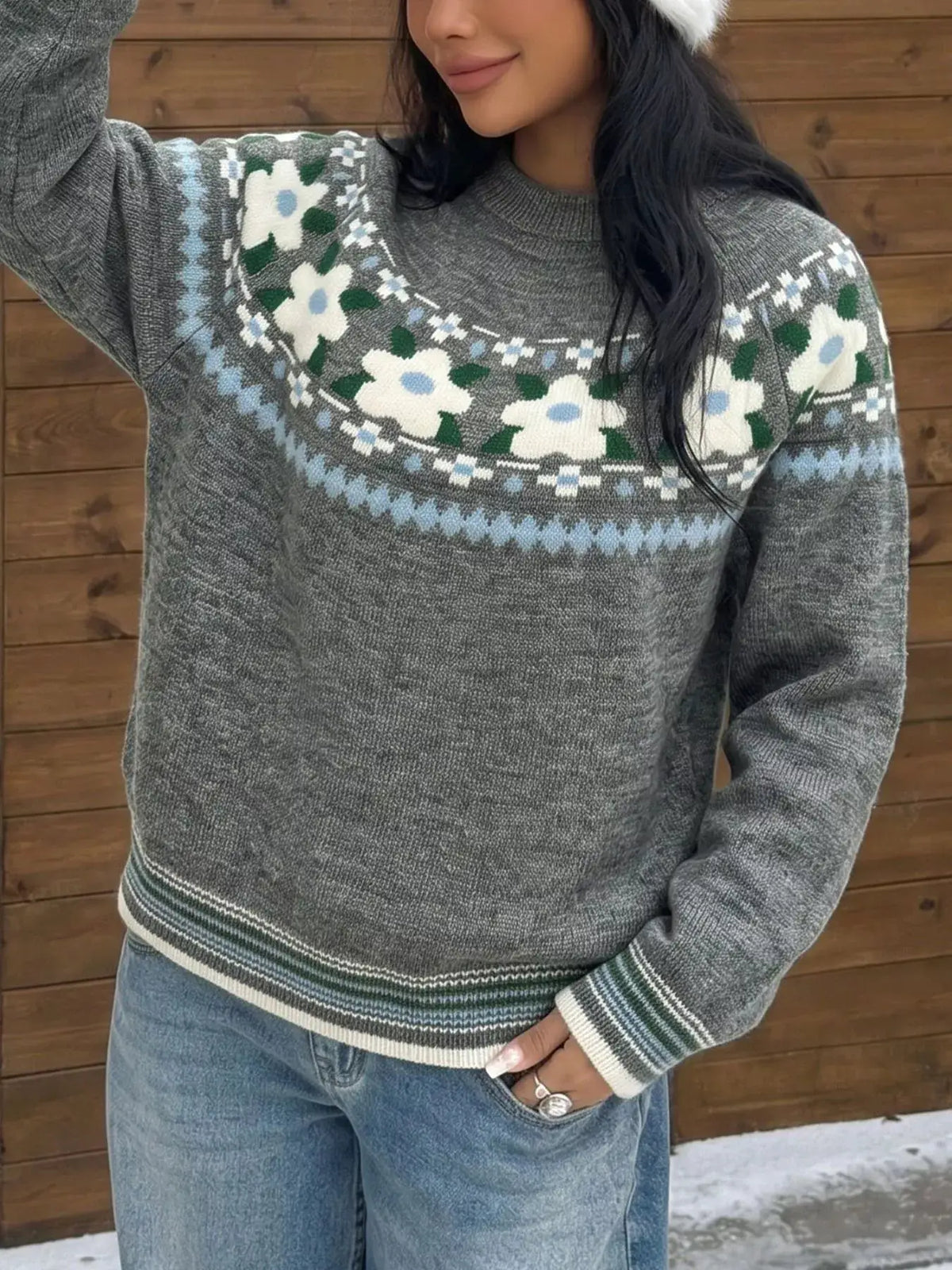 Floral Pattern Round Neck Sweater by Trendsi