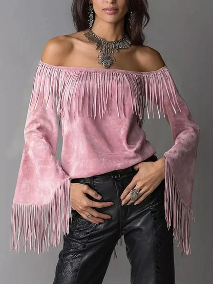 Full Size Fringed Off-Shoulder Flare Sleeve Top Plus Size by Trendsi