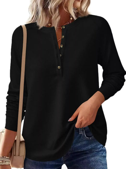 Waffle Knit Henley Long Sleeve T-Shirt by Trendsi