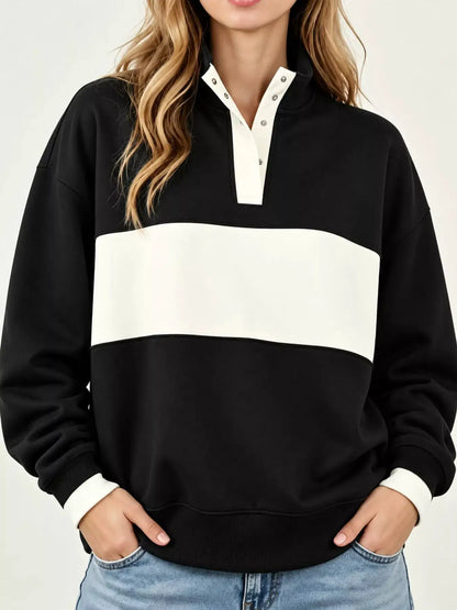 Full Size Color Block Snap-Button Sweatshirt Plus Size by Trendsi