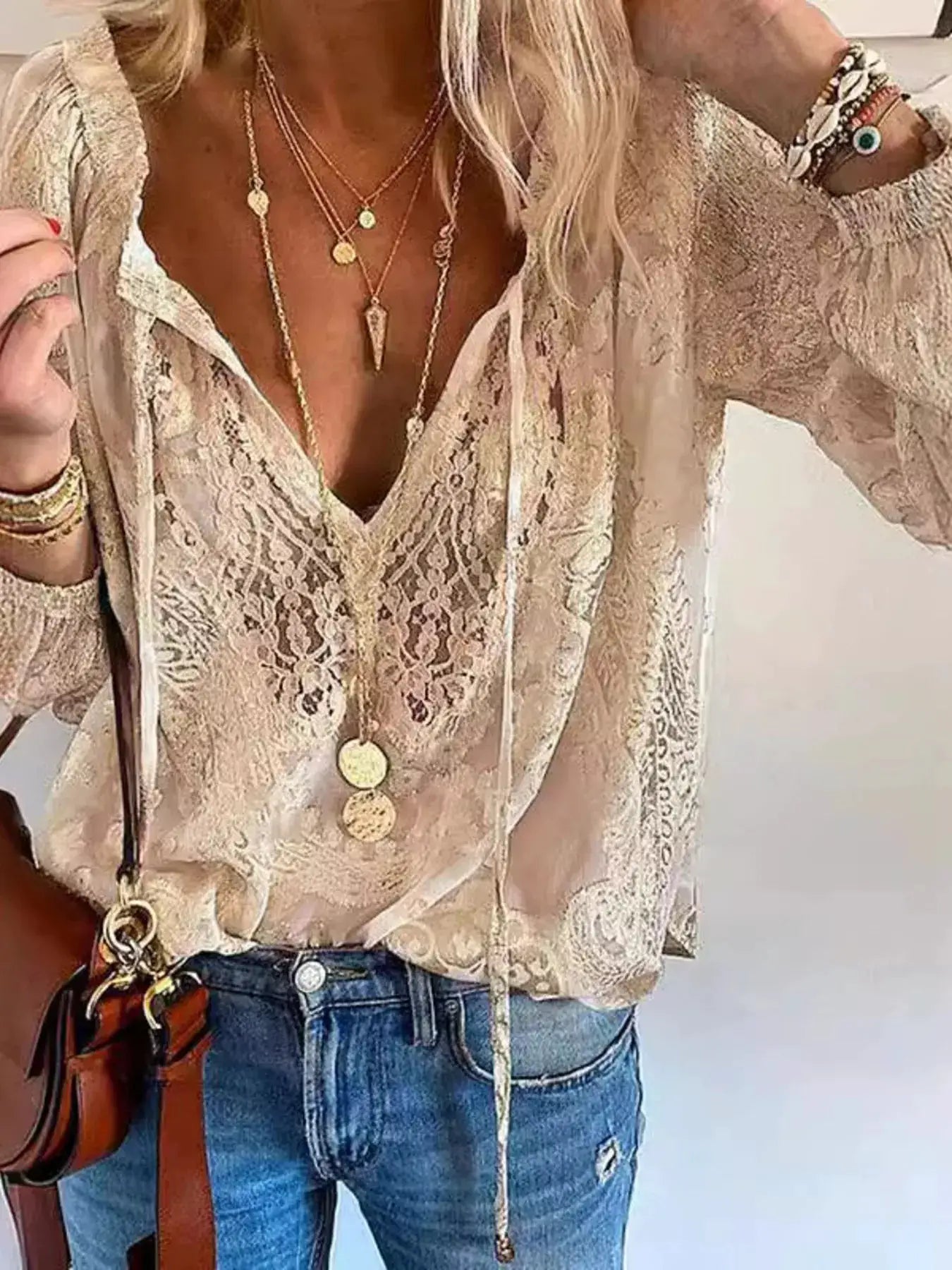 Lace Tie Neck Long Sleeve Blouse by Trendsi
