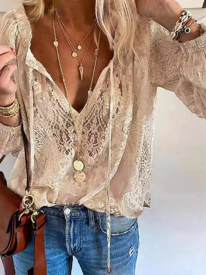 Lace Tie Neck Long Sleeve Blouse by Trendsi