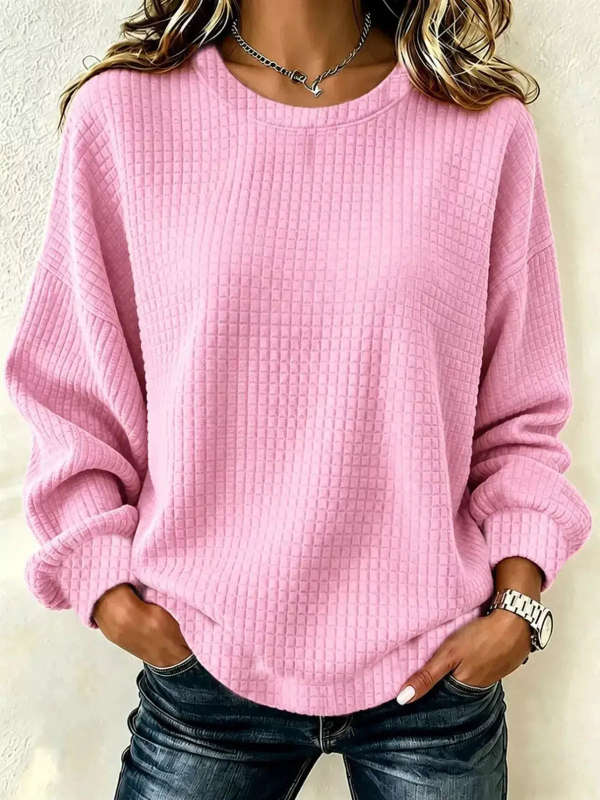 Full Size Textured Crew Neck Long Sleeve Sweatshirt Plus Size by Trendsi
