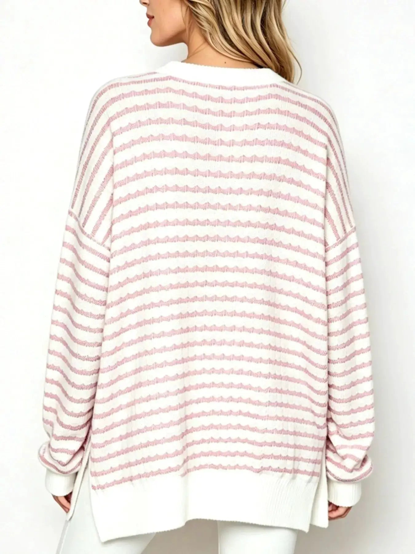 Oversized Striped Crew Neck Sweatshirt by Trendsi