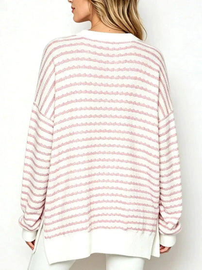 Oversized Striped Crew Neck Sweatshirt by Trendsi