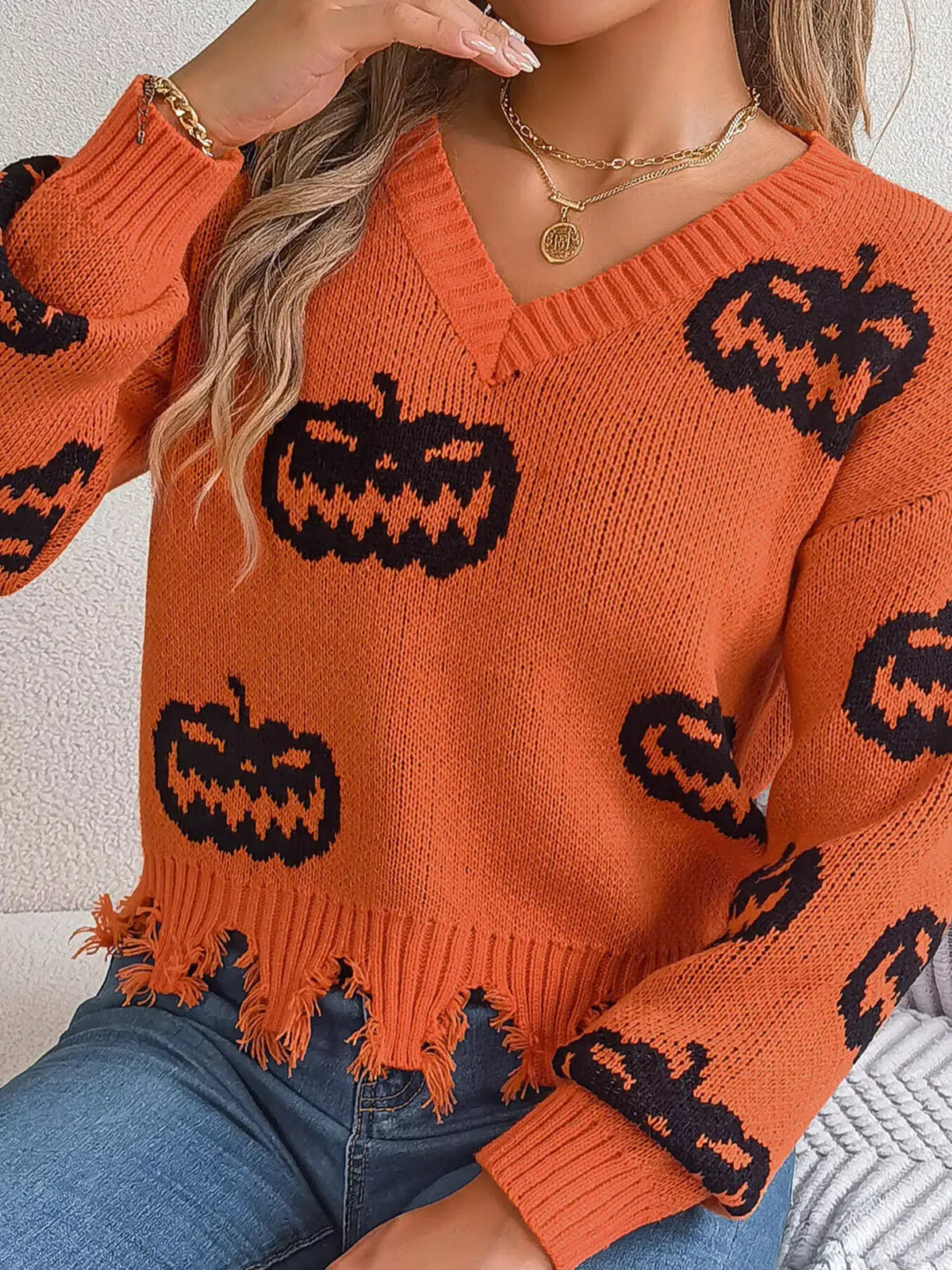 Pumpkin Distressed Hem Sweater by Trendsi