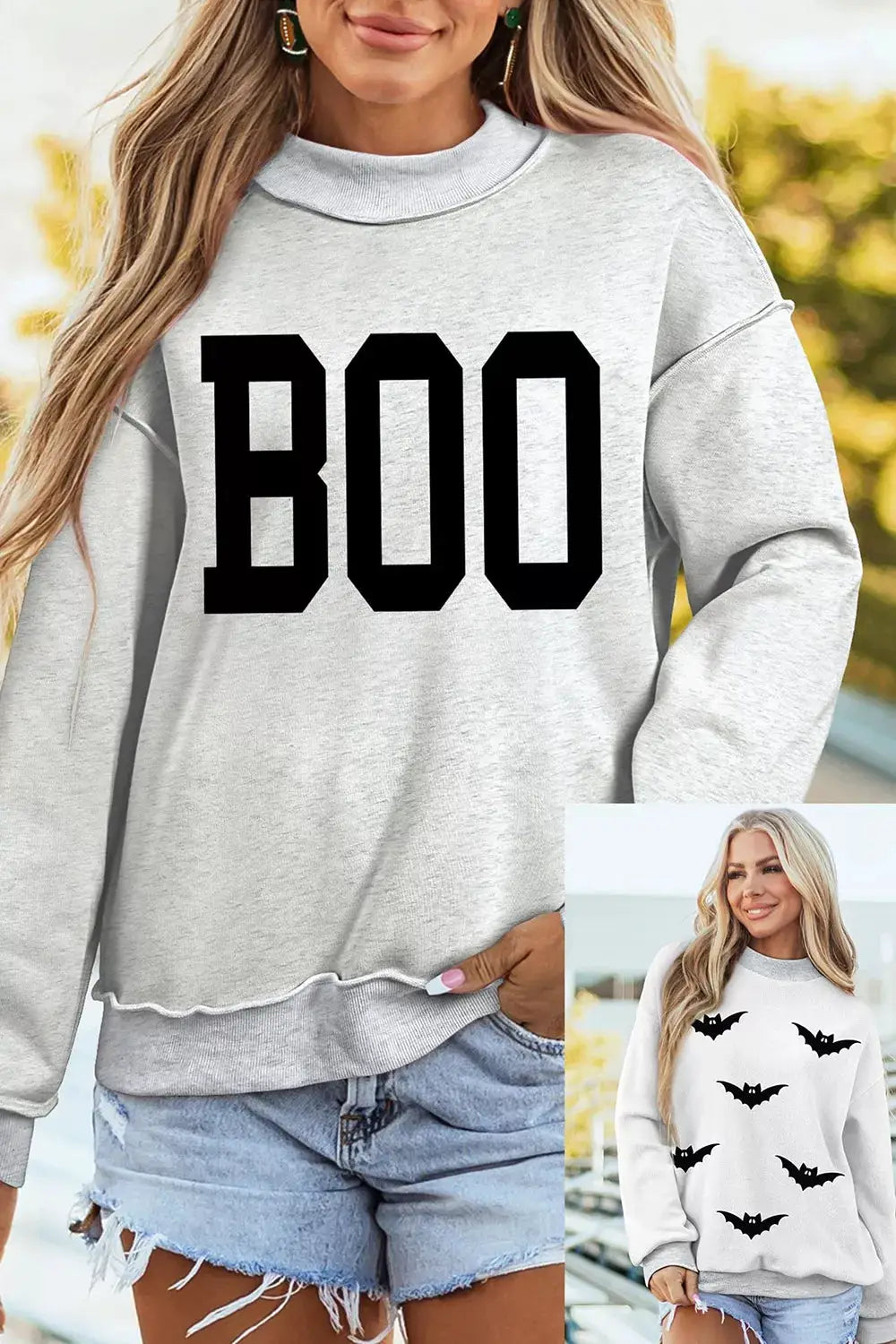 Halloween BOO & Bat Printed Reversible Mock Neck Sweatshirt by Trendsi