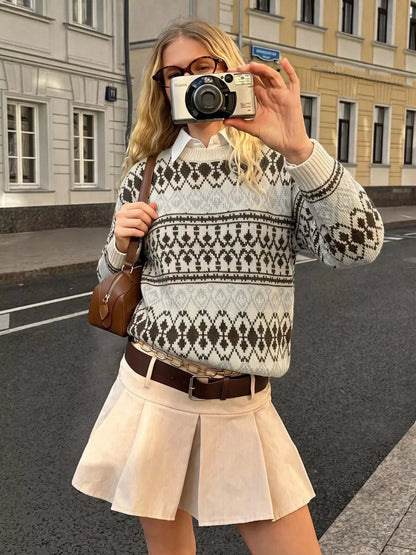 Fair Isle Pattern Crew Neck Sweater by Trendsi