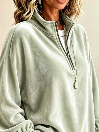 Velvet Quarter-Zip Sweatshirt with Ruffled Cuffs by Trendsi