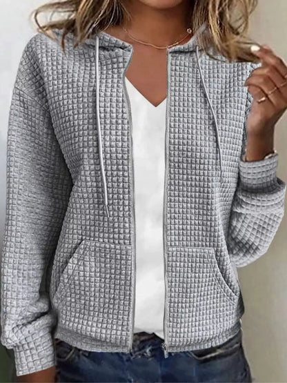 Waffle Knit Zip-Up Hoodie with Drawstring and Pockets by Trendsi