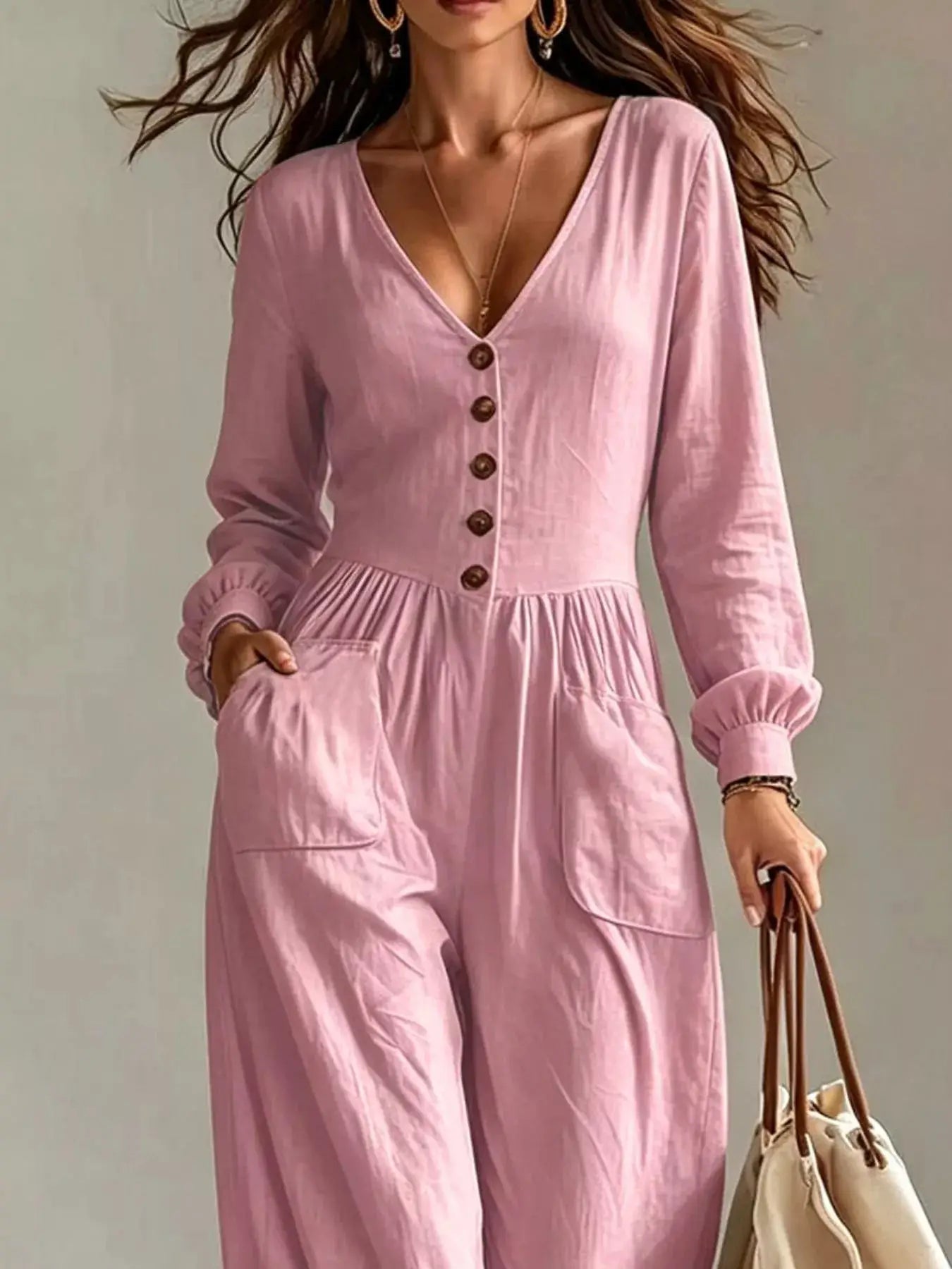 V-Neck Long Sleeve Button-Down Wide Leg Jumpsuit by Trendsi