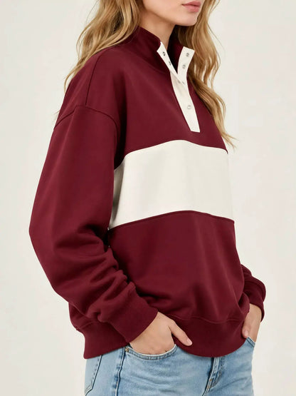 Full Size Color Block Snap-Button Sweatshirt Plus Size by Trendsi