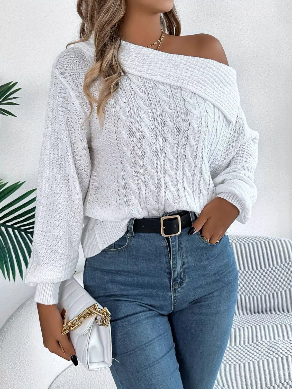 One Shoulder Cable Knit Sweater by Trendsi