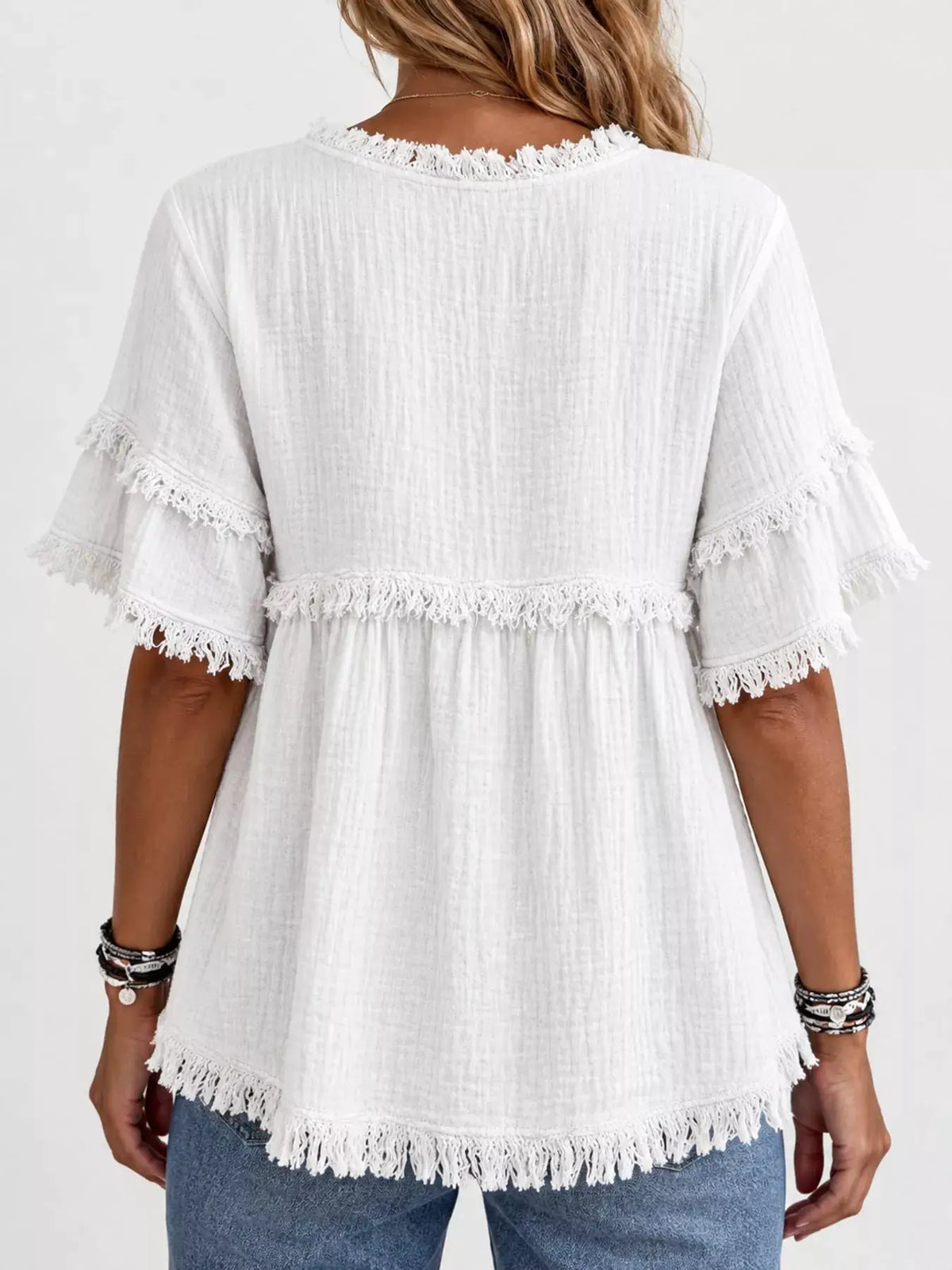 Full Size Frayed Edge Textured Blouse Plus Size by Trendsi