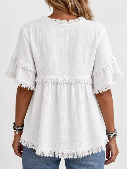 Full Size Frayed Edge Textured Blouse Plus Size by Trendsi