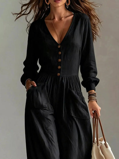 V-Neck Long Sleeve Button-Down Wide Leg Jumpsuit by Trendsi