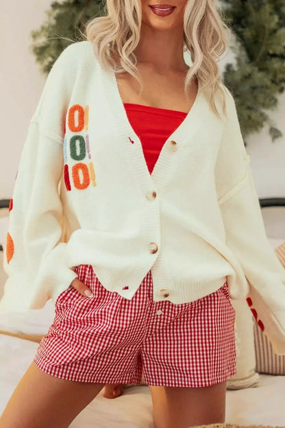 'HO HO HO' Button Up Knit Cardigan by Trendsi