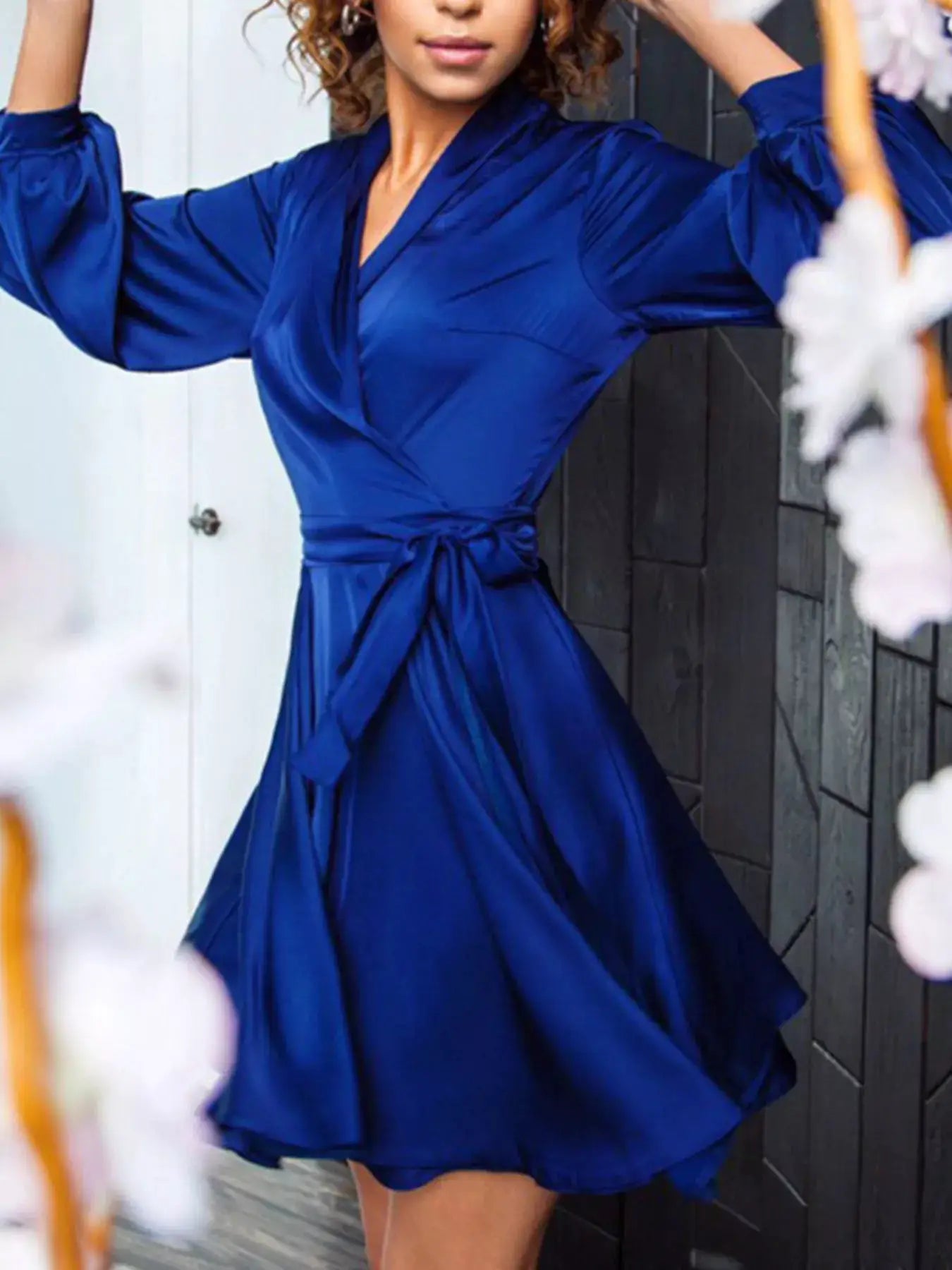 Satin Surplice Long Sleeve Mini Dress by Trendsi
