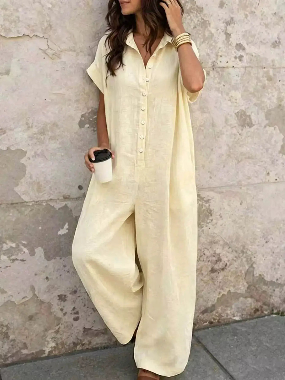 Button Front Short Sleeve Jumpsuit by Trendsi