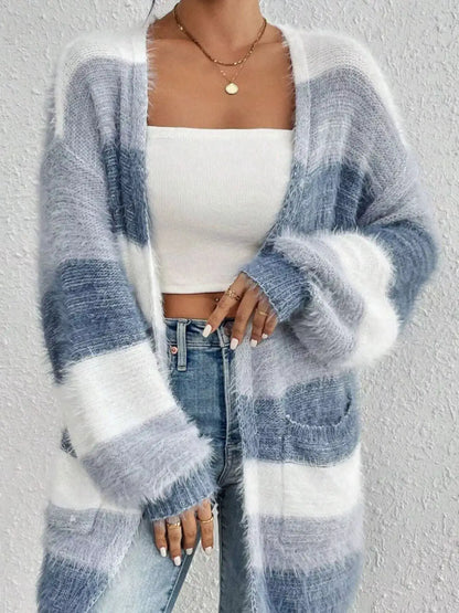 Striped Open Front Oversized Cardigan by Trendsi