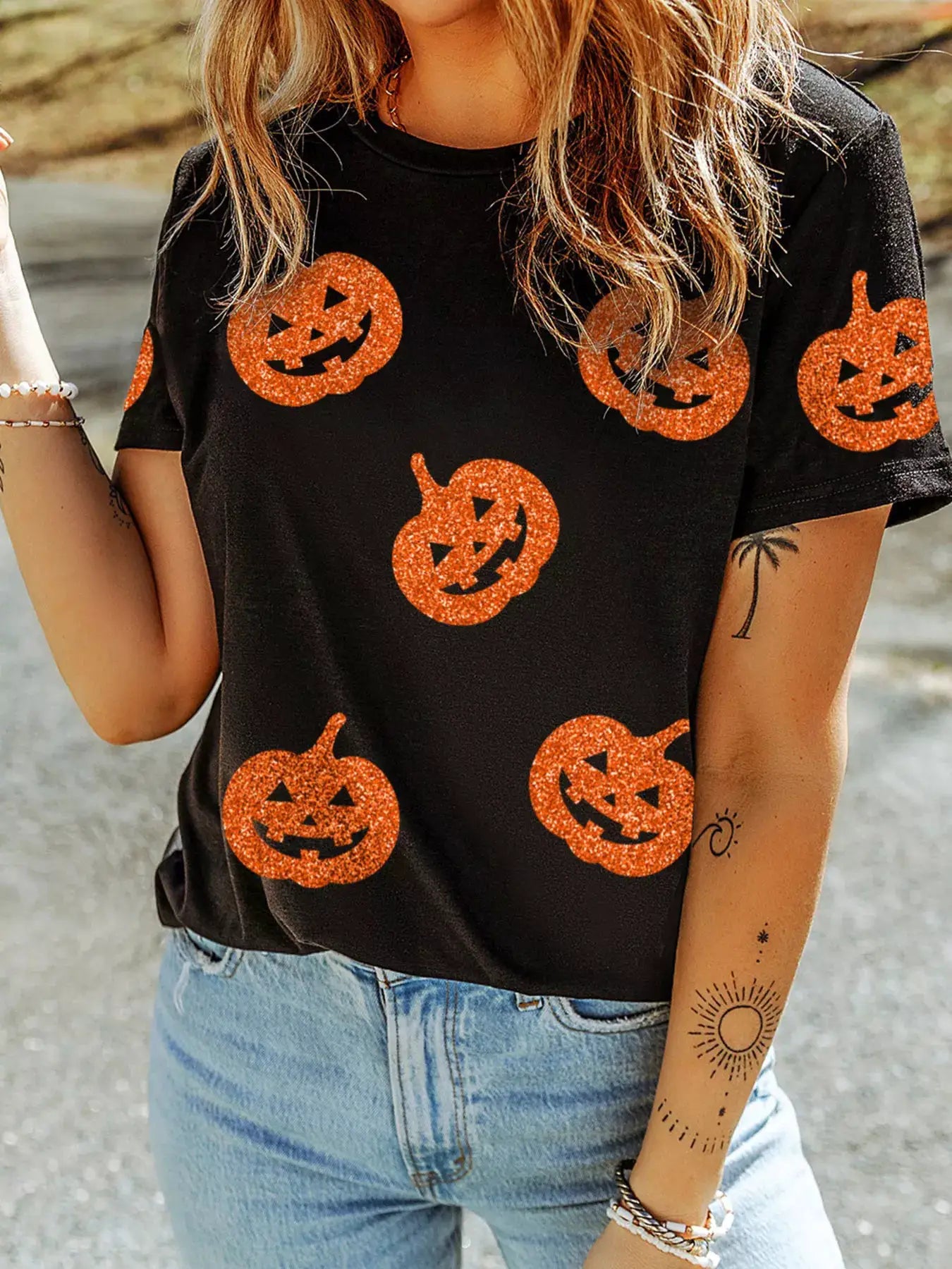Glittering Pumpkin Face Crewneck Halloween T Shirt by Trendsi