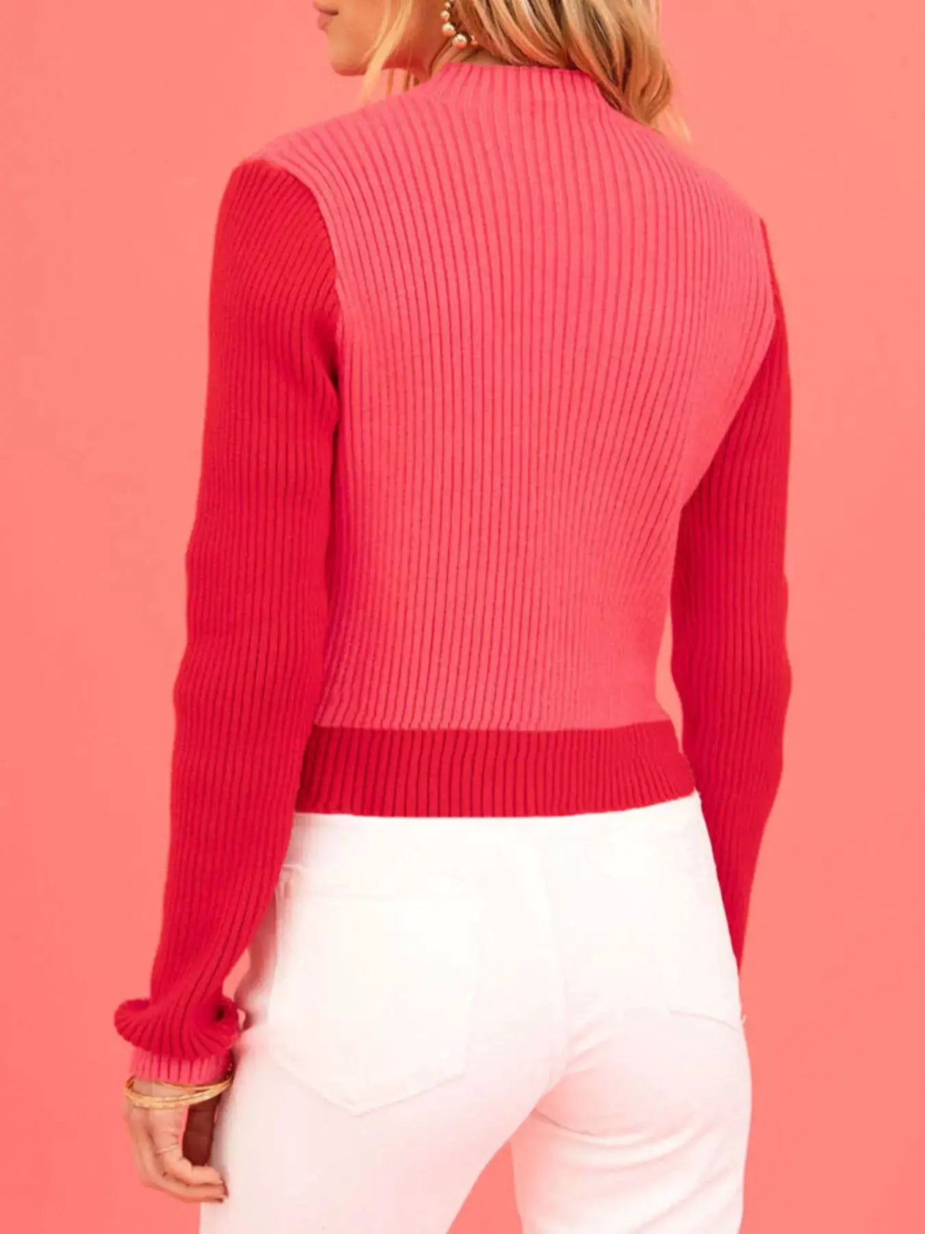 Color-Block Heart Pattern Ribbed Knit Sweater by Trendsi