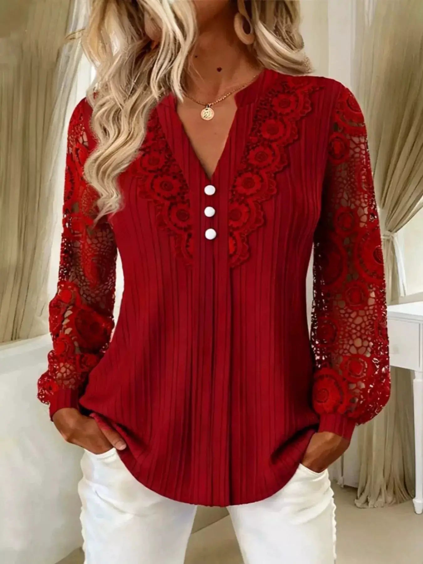 Lace Long Sleeve Notched Blouse by Trendsi