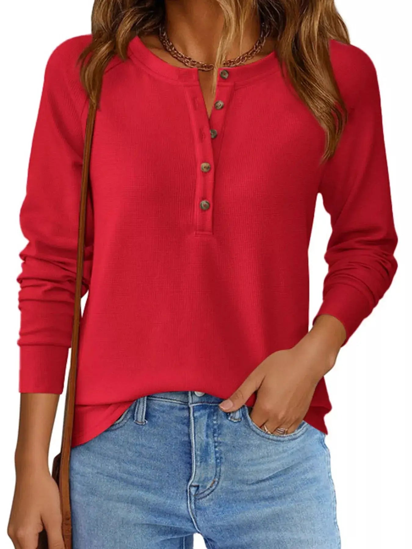 Waffle Knit Henley Long Sleeve T-Shirt by Trendsi