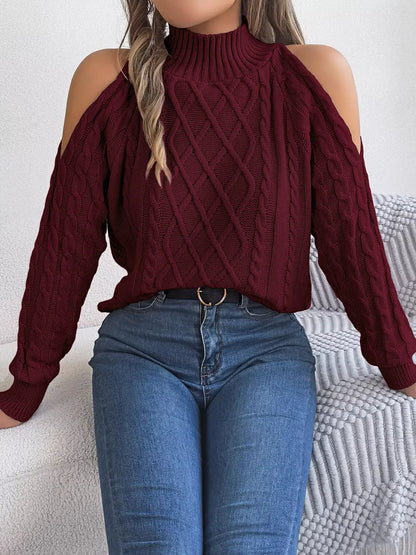 Cold-Shoulder Cable Knit Sweater by Trendsi