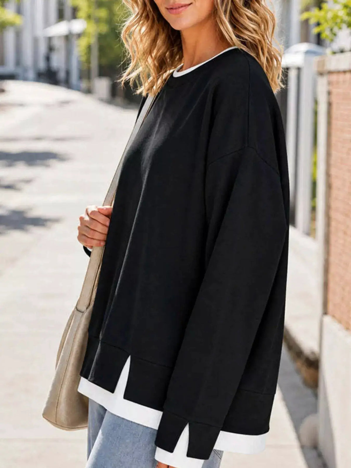 Crewneck Sweatshirt with Contrast Ribbed Trim by Trendsi