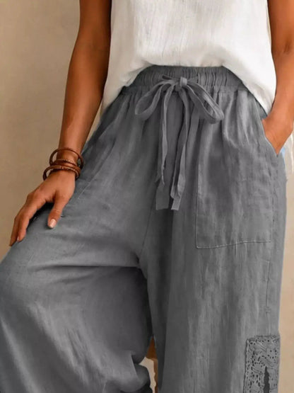 Lace Detail Slit Wide Leg Pants by Trendsi
