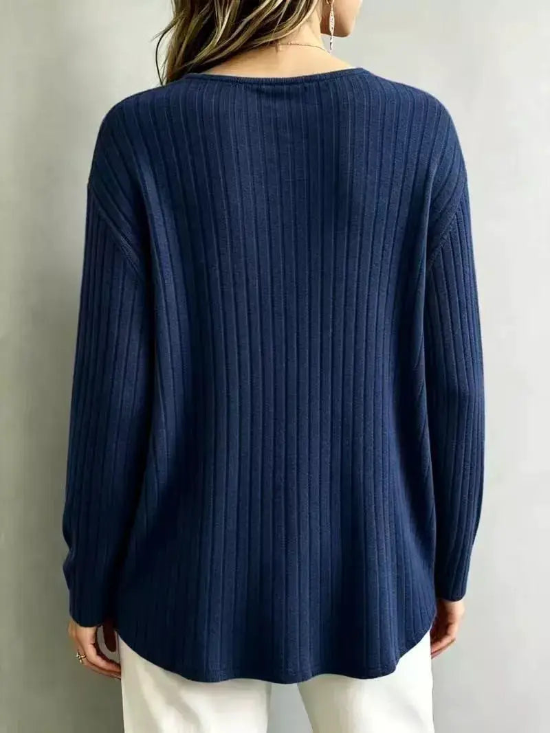 V-Neck Ribbed Long Sleeve T-Shirt by Trendsi