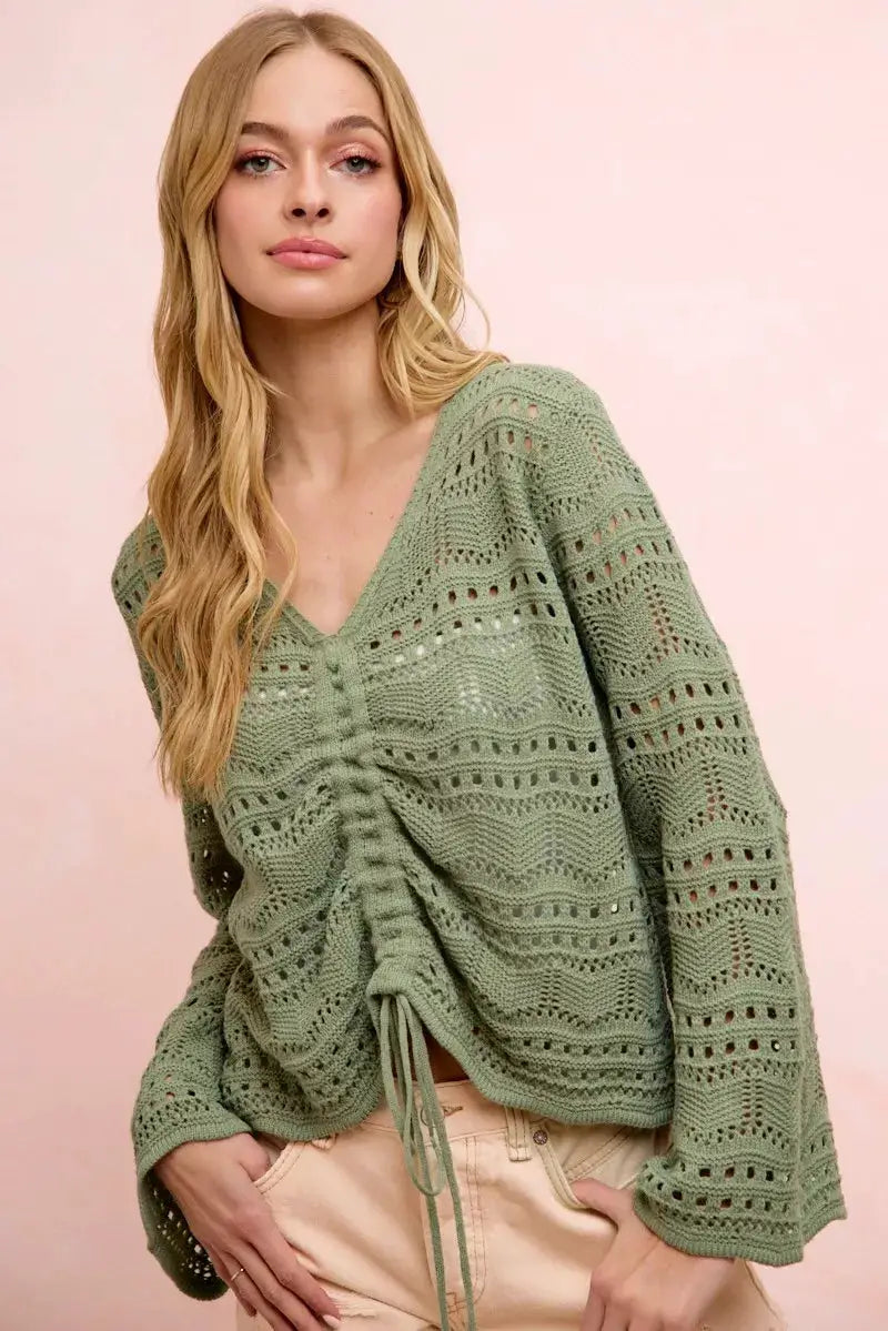 BiBi Pointelle Knit V Neck Ruched Front Lightweight Top by Trendsi