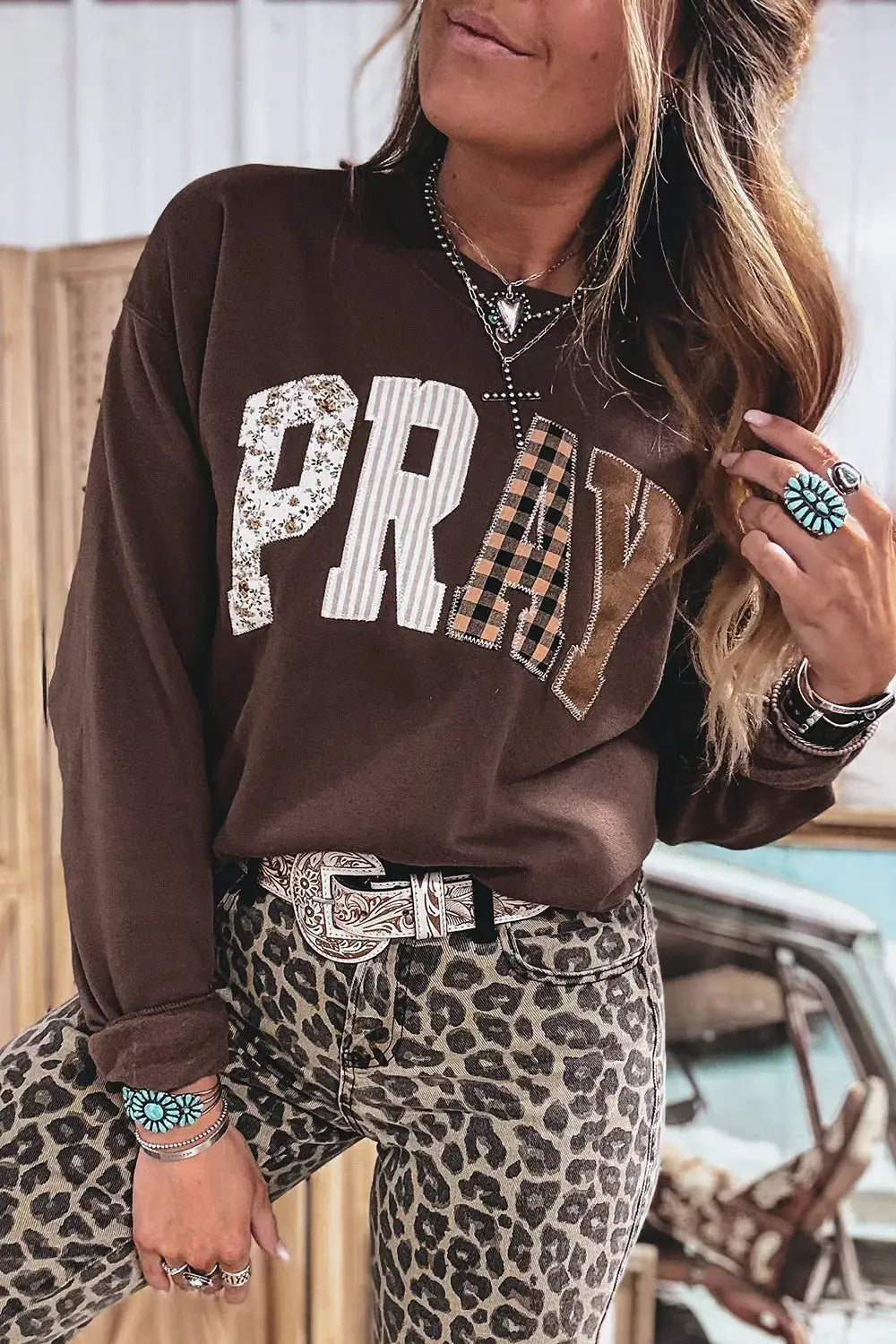 Plaid 'PRAY' Crew Neck Sweatshirt by Trendsi