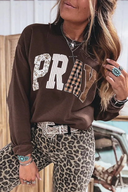 Plaid 'PRAY' Crew Neck Sweatshirt by Trendsi