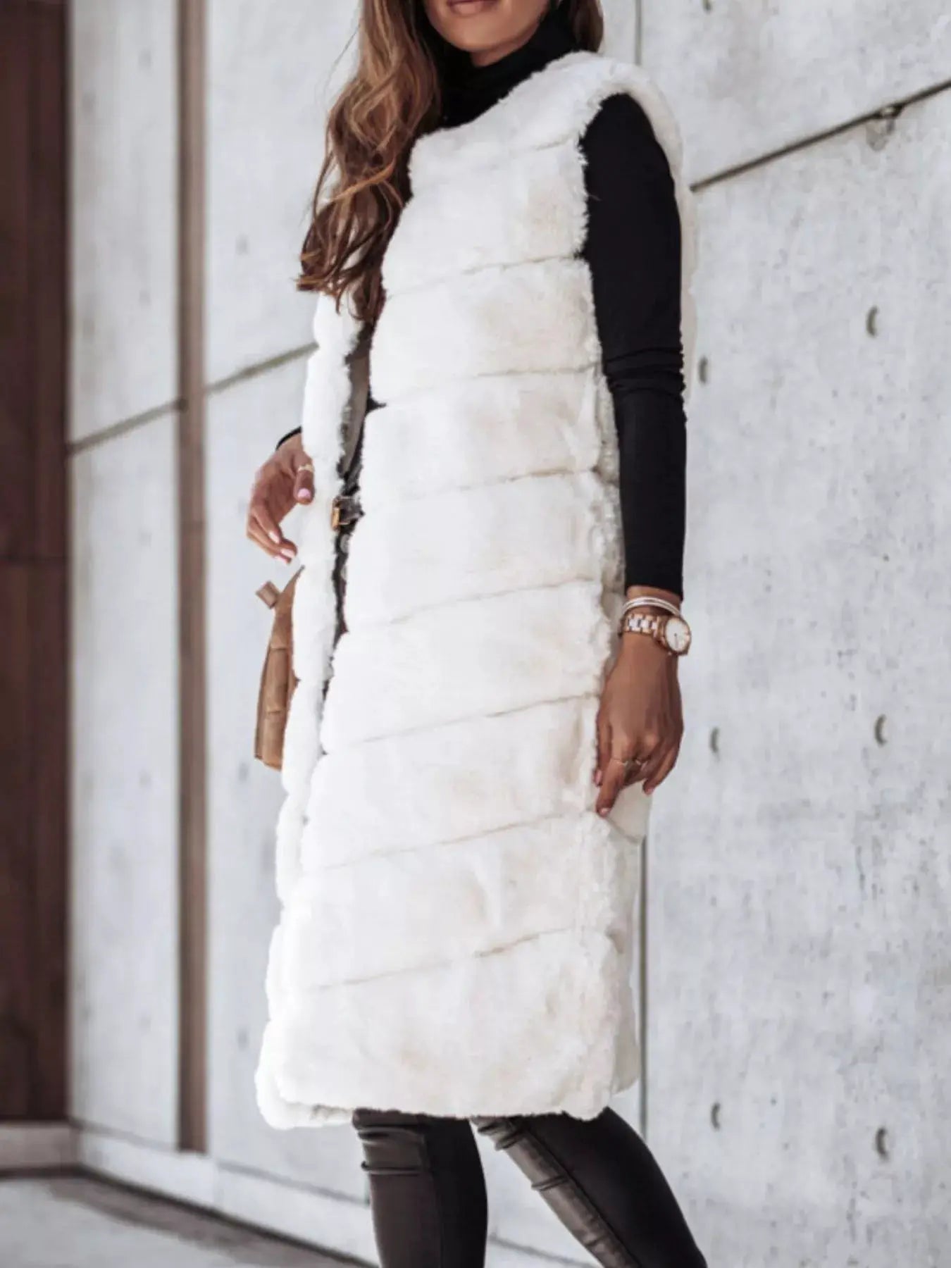 Faux Fur Longline Vest Coat by Trendsi