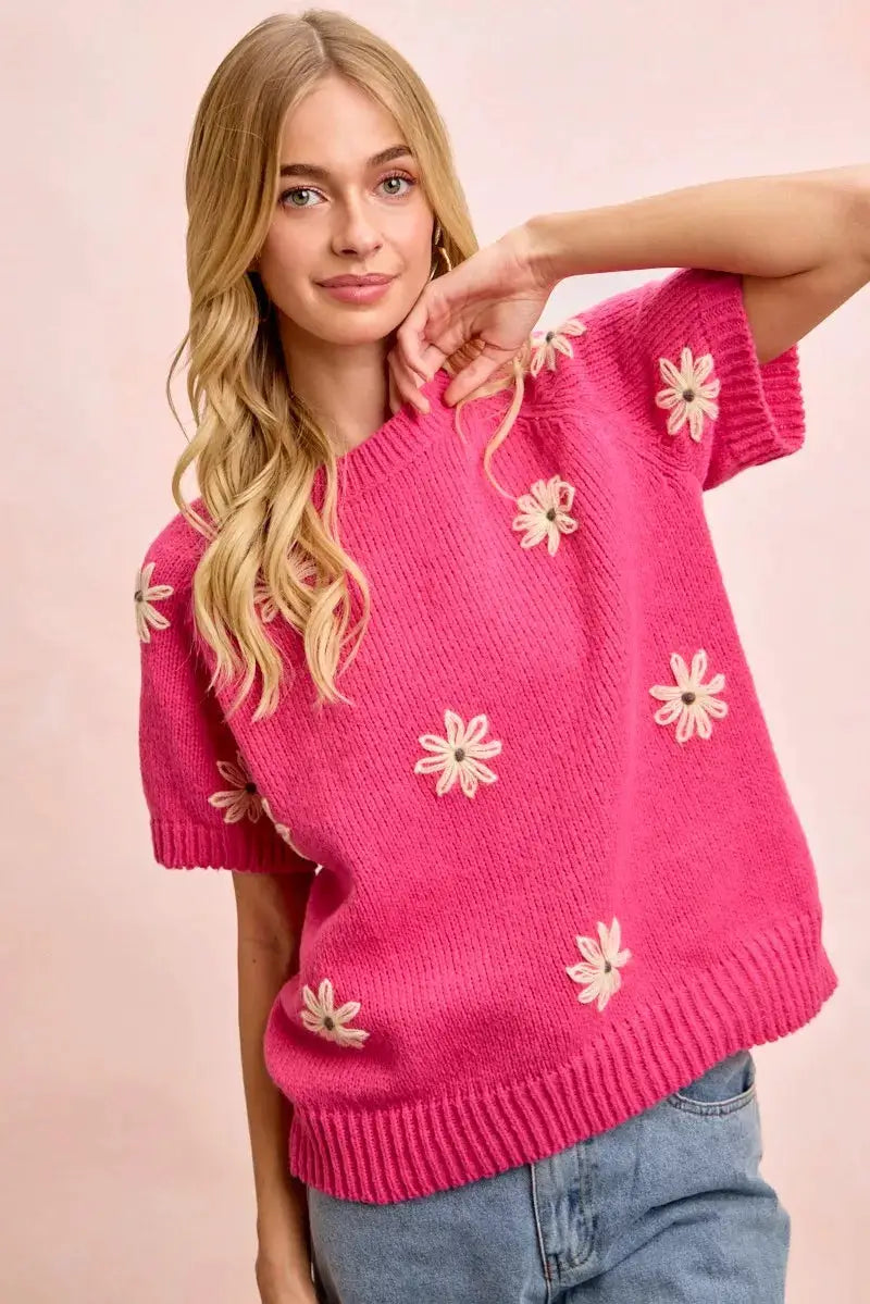 BiBi Flower Embroidered Short Sleeves Knit Top by Trendsi