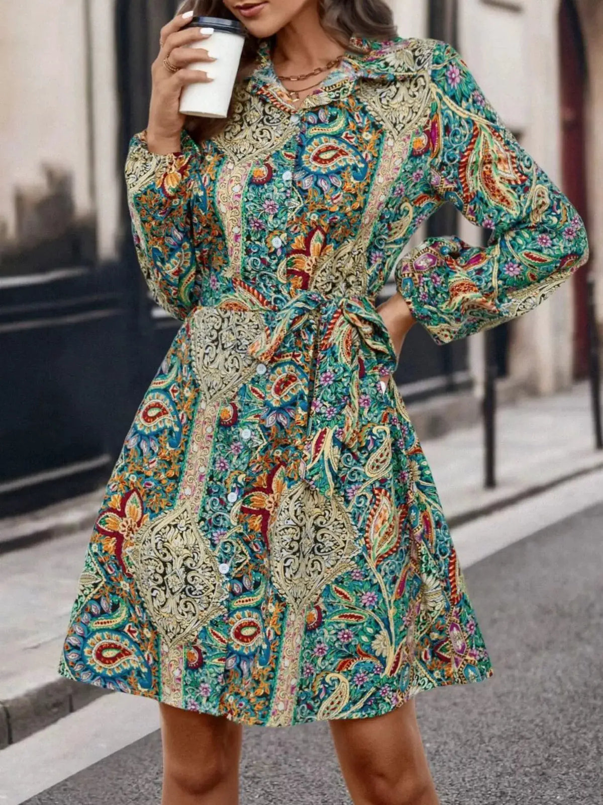 Paisley Print Button-Down Shirt Dress by Trendsi