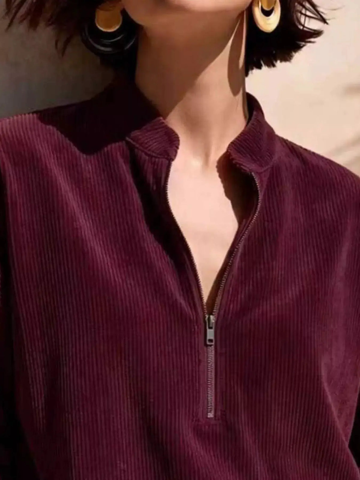 Full Size Half Zip Dropped Shoulder Corduroy Top Plus Size by Trendsi