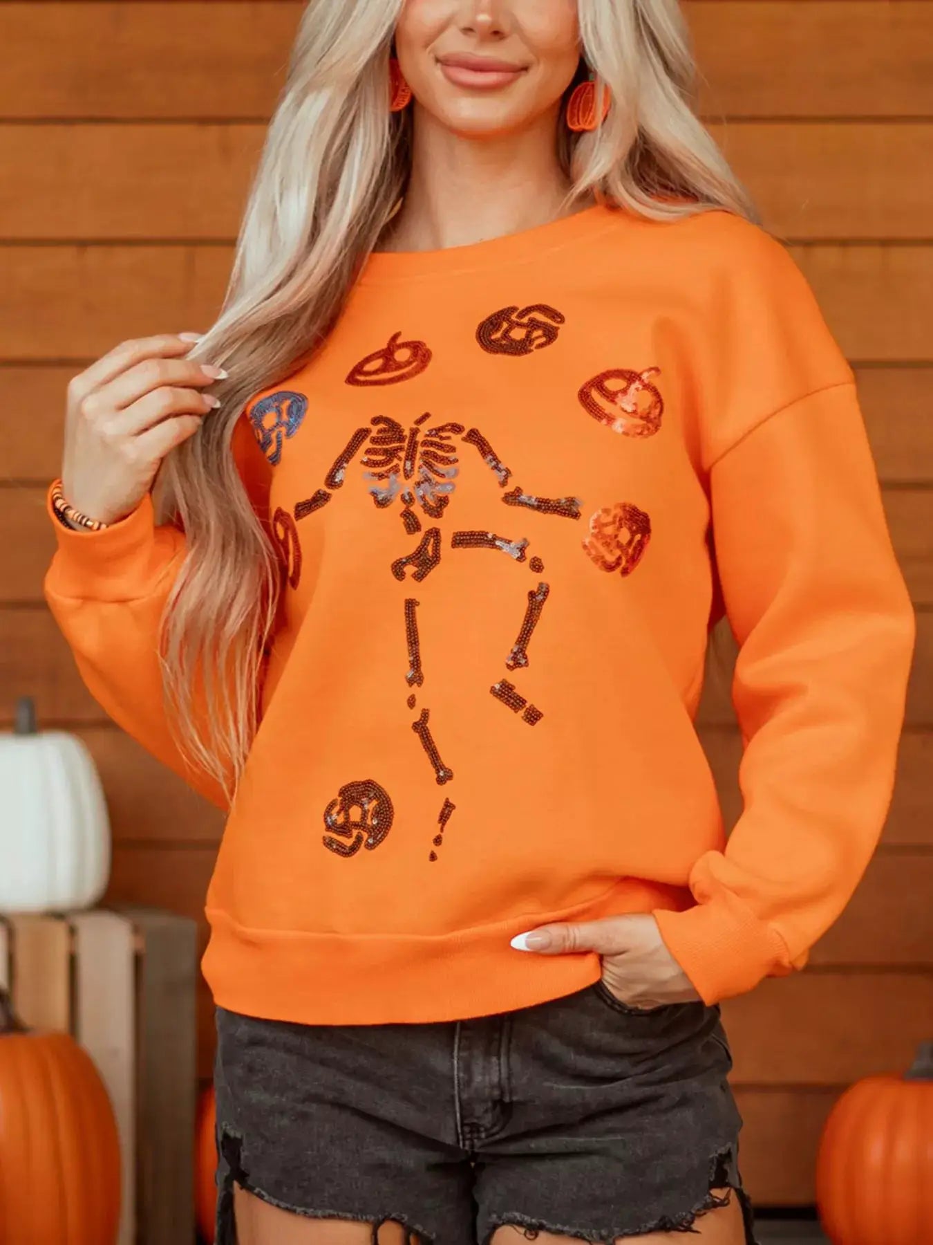 Dancing Critters Sequin Halloween Crewneck Sweatshirt by Trendsi