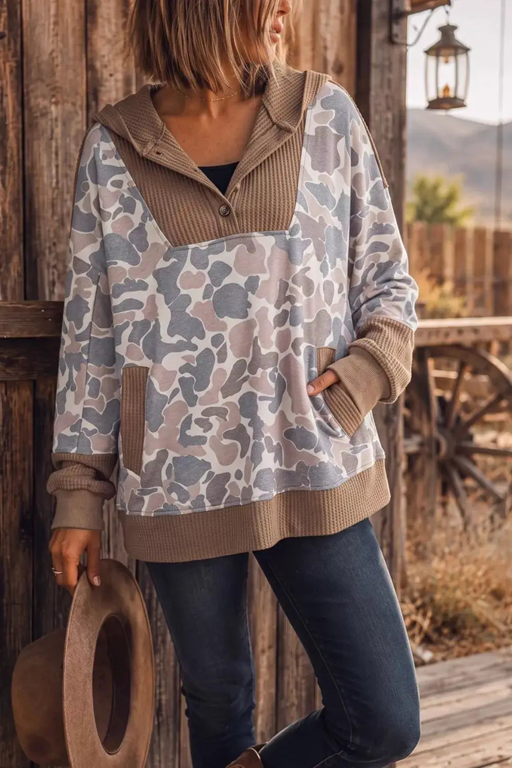 Camouflage Print Waffle Knit Patchwork Half Zip Hoodie by Trendsi