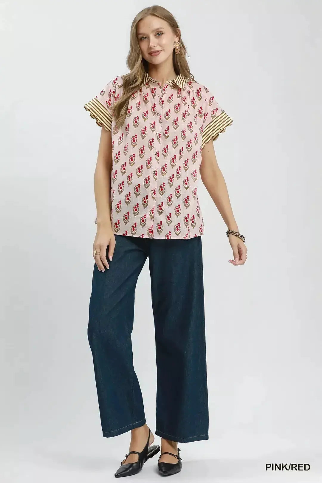 Umgee Block Print Button-Front Shirt with Contrast Stripe Point Collar by Trendsi